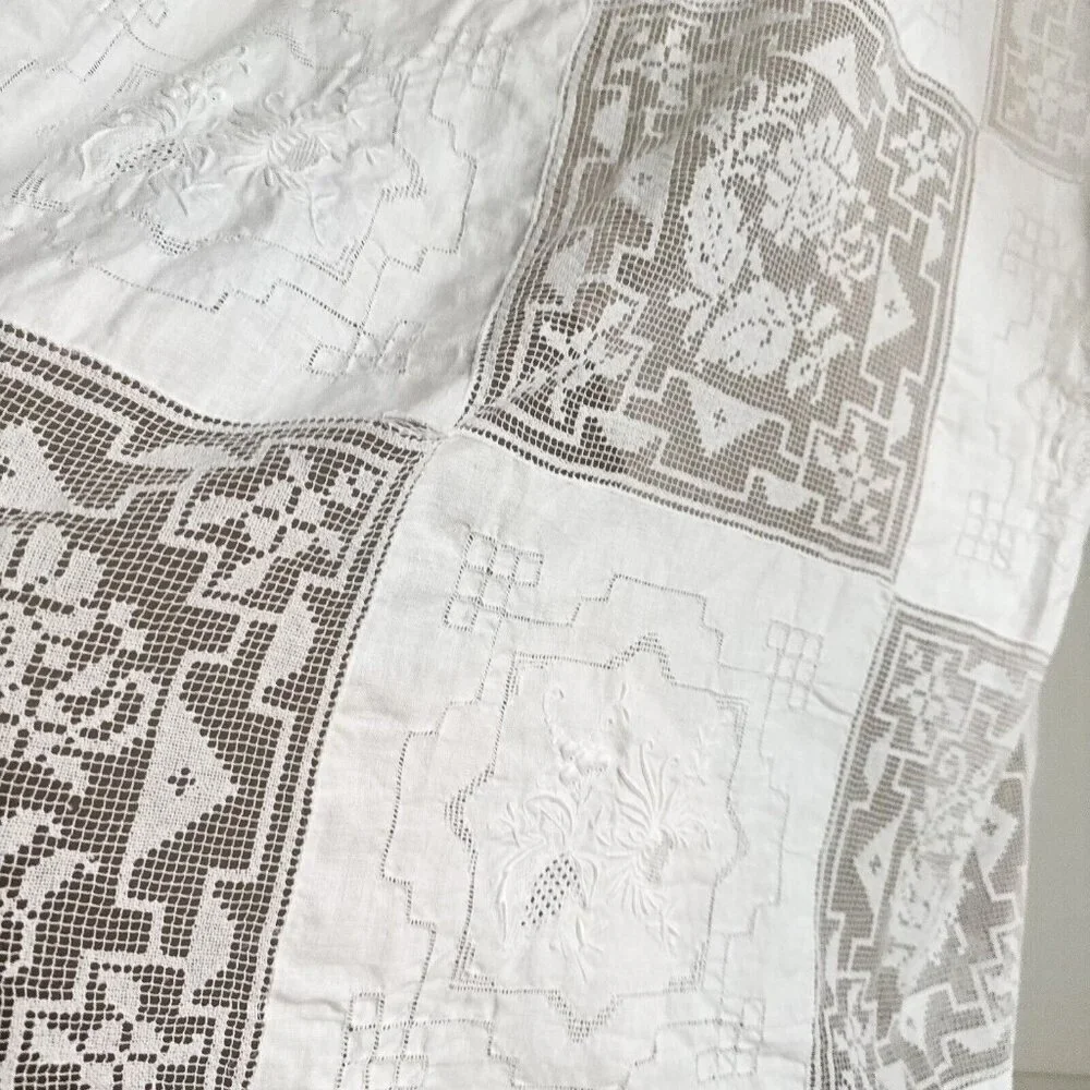 Vintage White Cotton Crochet Lace Embroidered Squares Table Covering Cloth